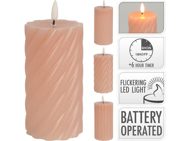Kubbelys LED rosa voks 7x13cm 3ass Batteri:2xAA Timer:6/18t 