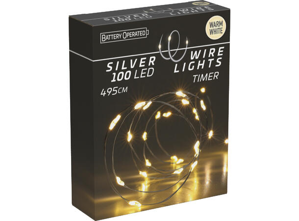 LED Lyslenke 100 Varmhvite lys 500cm 24stk i display Timer:6/18t Batteri:2xAA 